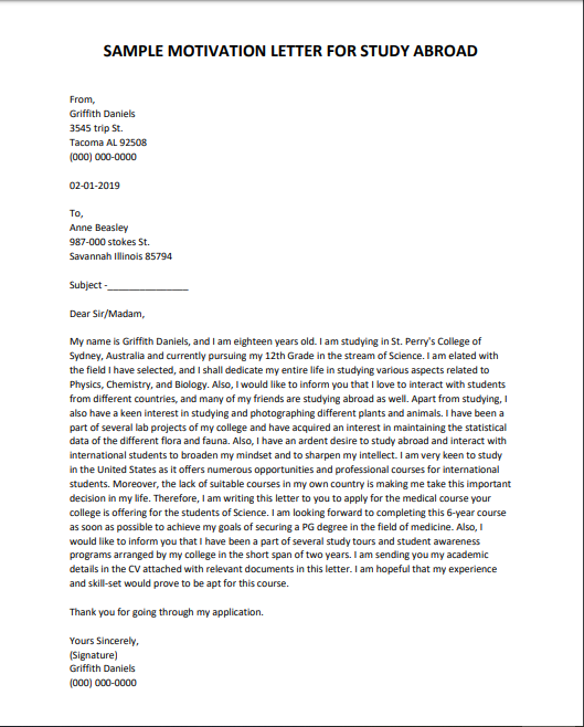 motivation letter for study abroad