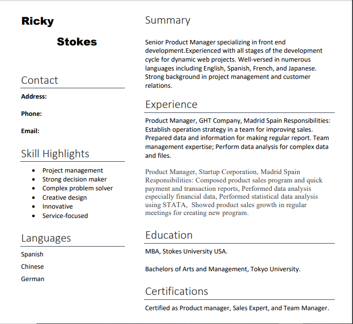 product manager resume sample