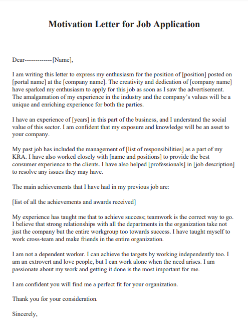 motivation letter for job application
