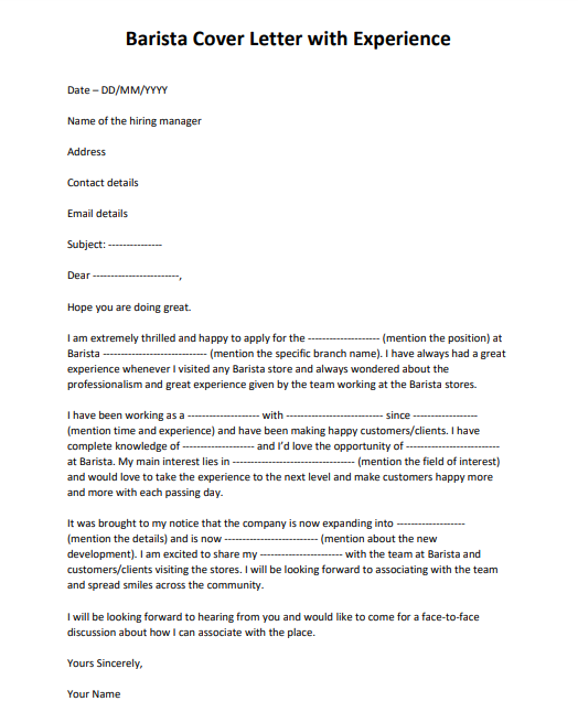 barista cover letter no experience