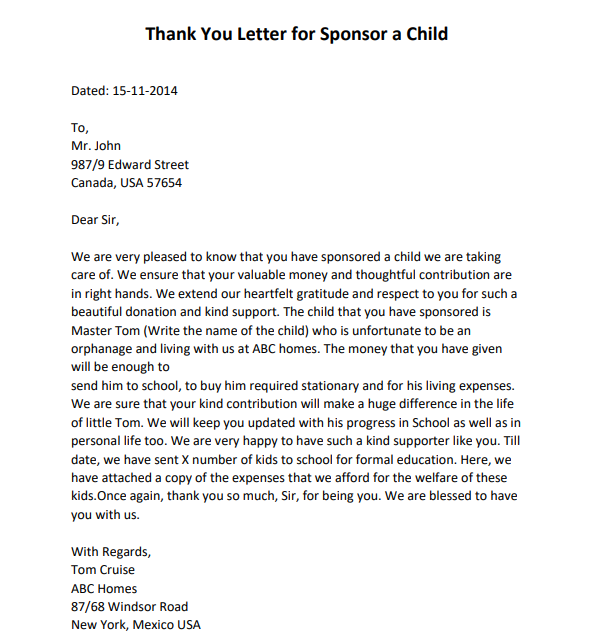 thank you letter for sponsorship donation