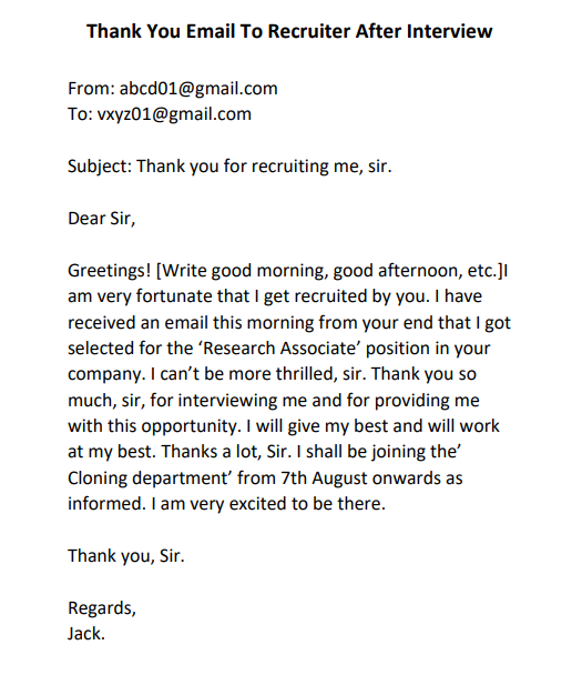 thank you letter to recruiter
