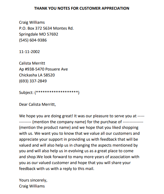 thank you letter to customer for their support