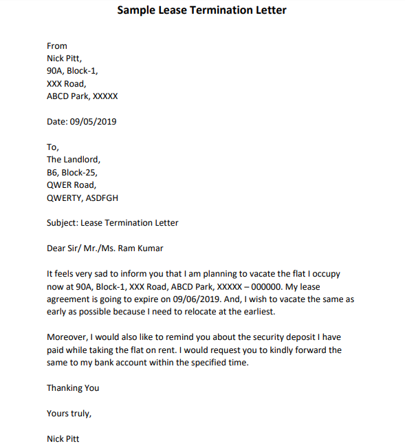 sample letter from landlord to tenant notice to vacate