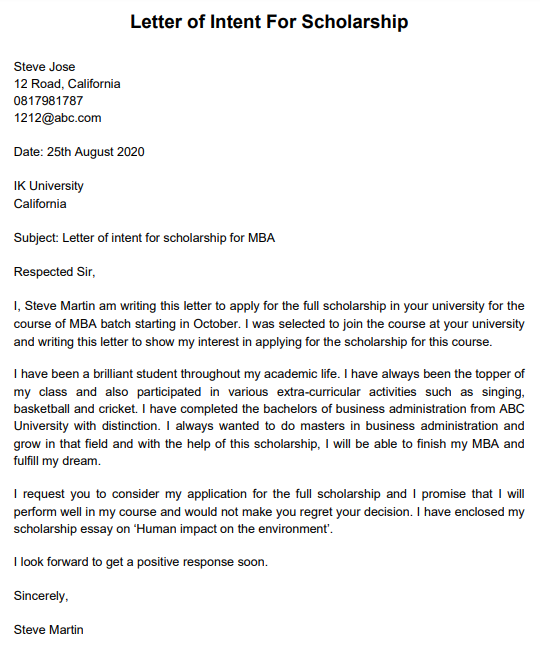 intent letter sample for scholarship