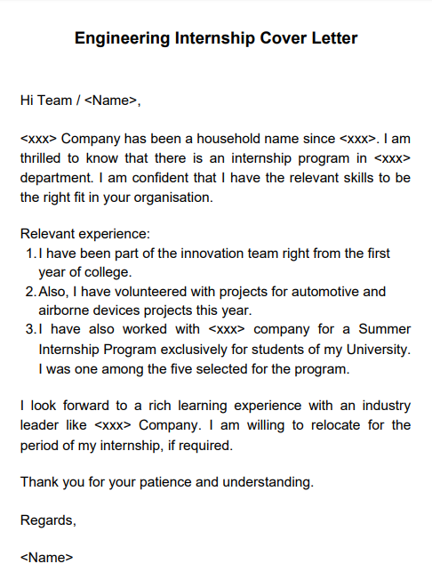sample cover letter for internship