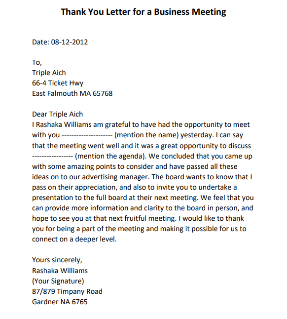 sample thank you letter after business meeting