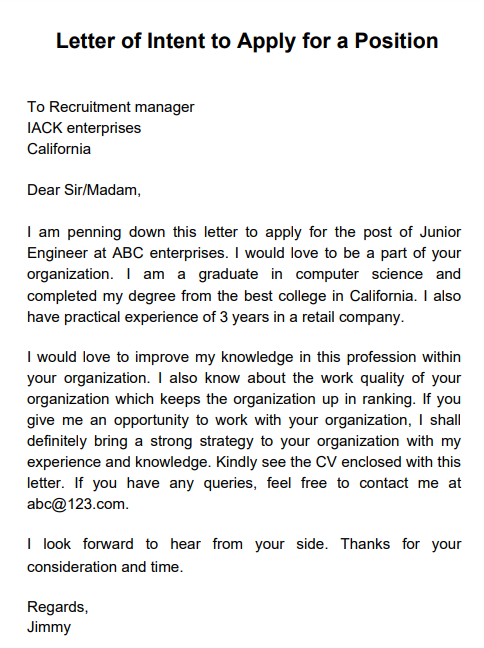 sample letter of intent for promotion within company