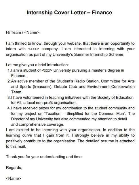 internship cover letter template
