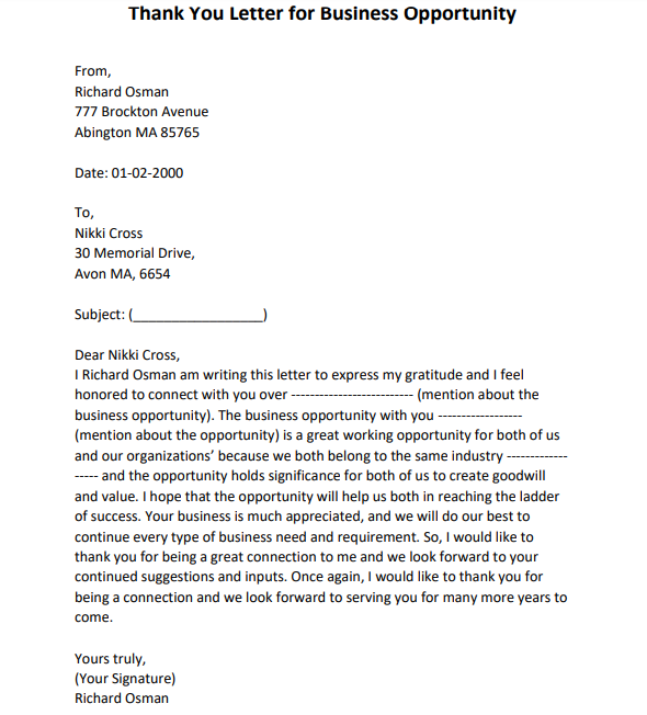 thank you letter for business opportunity