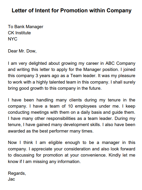 letter of intent for job promotion
