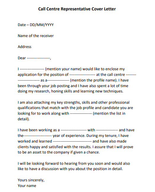 good cover letter examples for call center