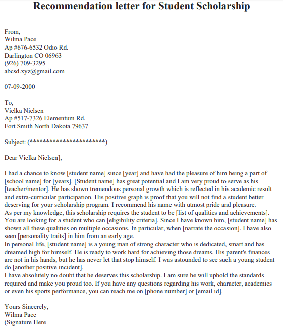 letter of recommendation for student