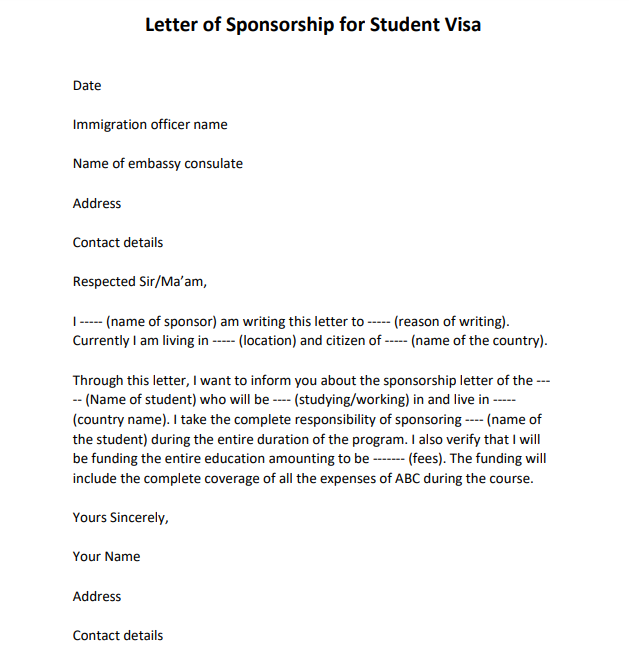 sponsorship letter for visa from company