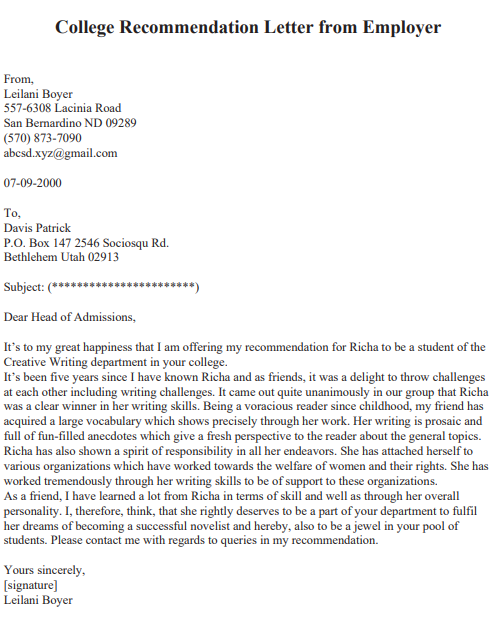 recommendation letter from employer to university
